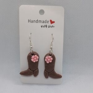 Brown Boot Earrings with Pink Flower
